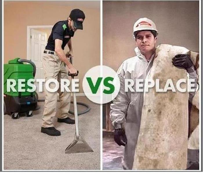 Side by side photos of a servpro worker. In one, he is cleaning a rug. In the other, he is discarding the carpet.